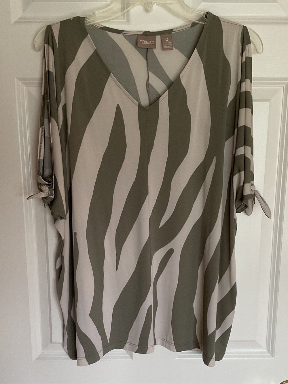 Chico's Olive and Cream Zebra-Striped V-Neck Cold Shoulder Top